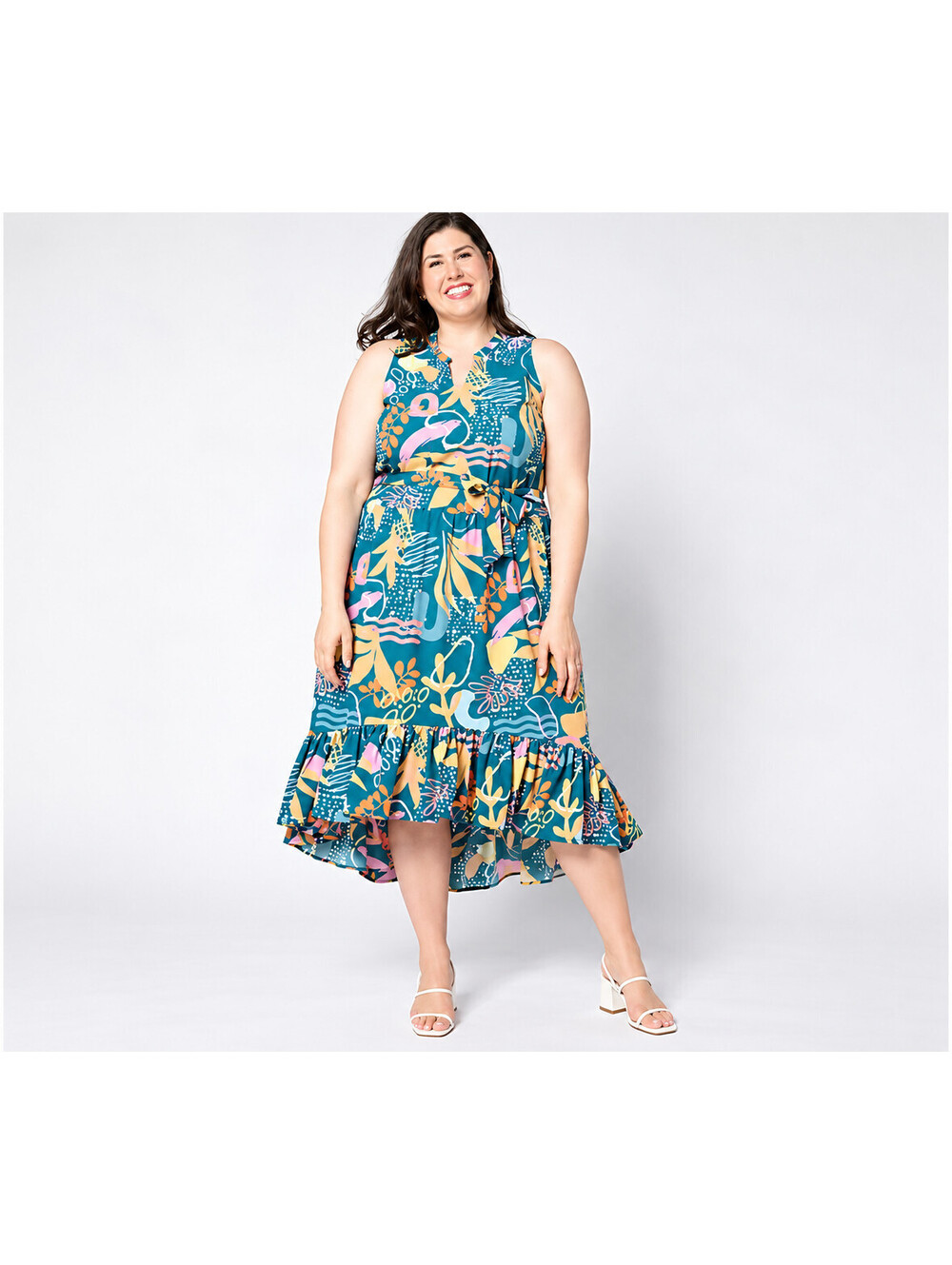 Susan Graver Soleil Stretch Woven V-Neck Dress Teal Abstract, Petite X-Large